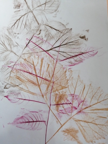Kompozycja plastyczna struktur kilku jesiennych liści w układzie rytmicznym i diagonalnym. Praca wykonana w technice frotażu z użyciem barw różowych i brązowych.