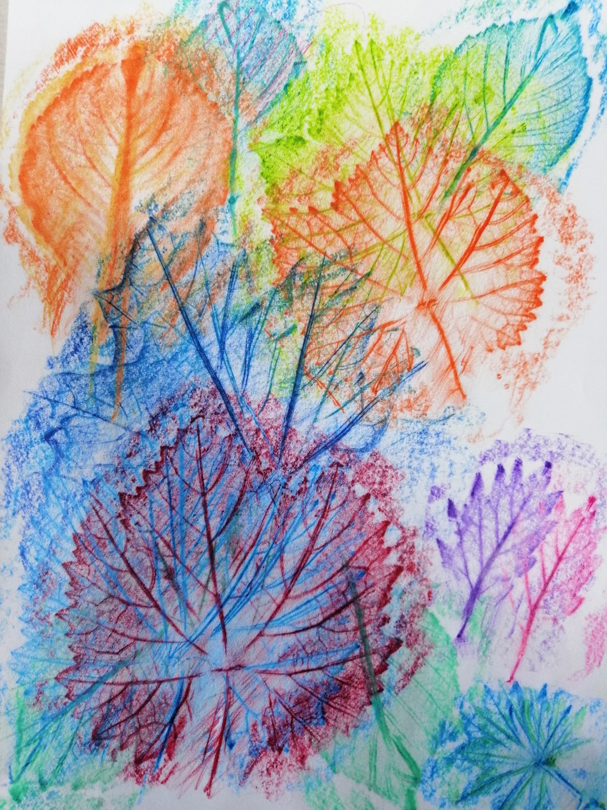 Kompozycja plastyczna struktur różnych jesiennych liści w układzie rytmicznym. Praca wykonana w technice frotażu z użyciem barw ciepłych i zimnych.