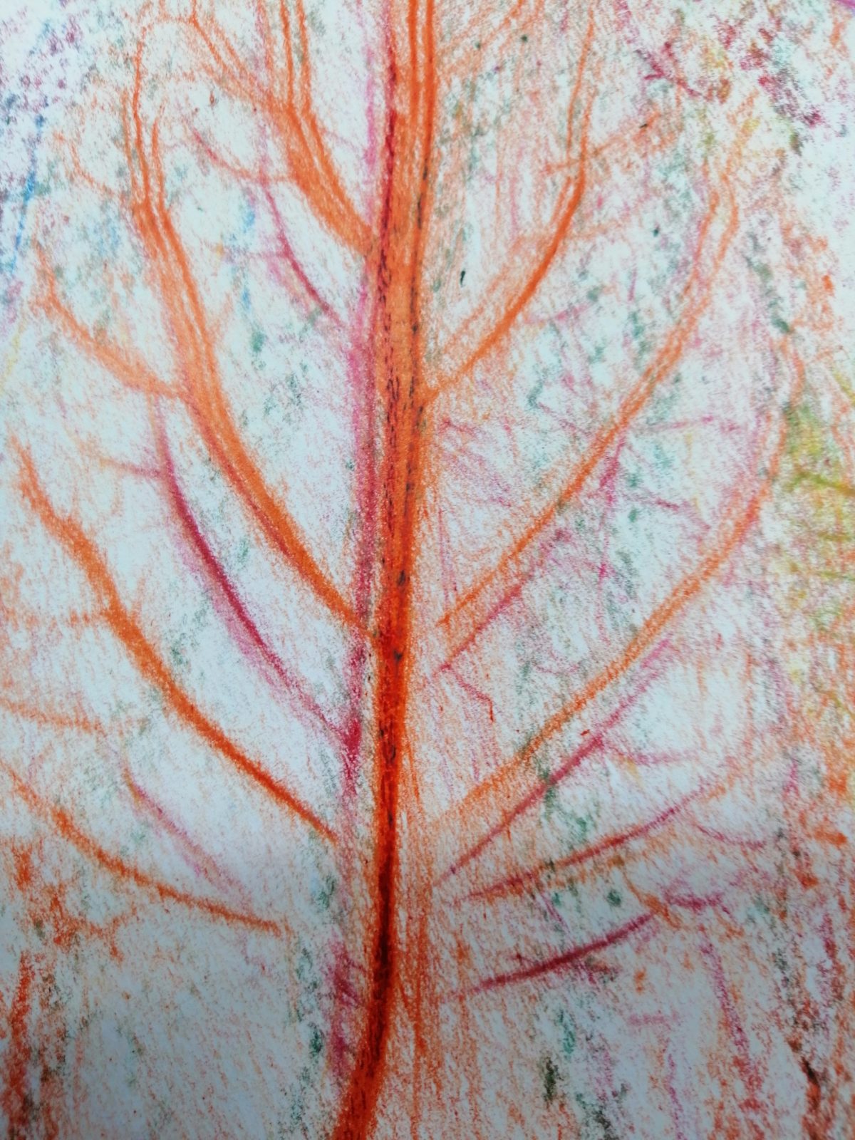 Kompozycja plastyczna struktury fragmentu jesiennego liścia w układzie centralnym. Praca wykonana w technice frotażu z użyciem barw ciepłych i zimnych.