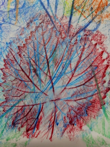 Kompozycja plastyczna struktur jesiennych liści w układzie abstrakcyjnym. Praca wykonana w technice frotażu z użyciem barw ciepłych i zimnych.
