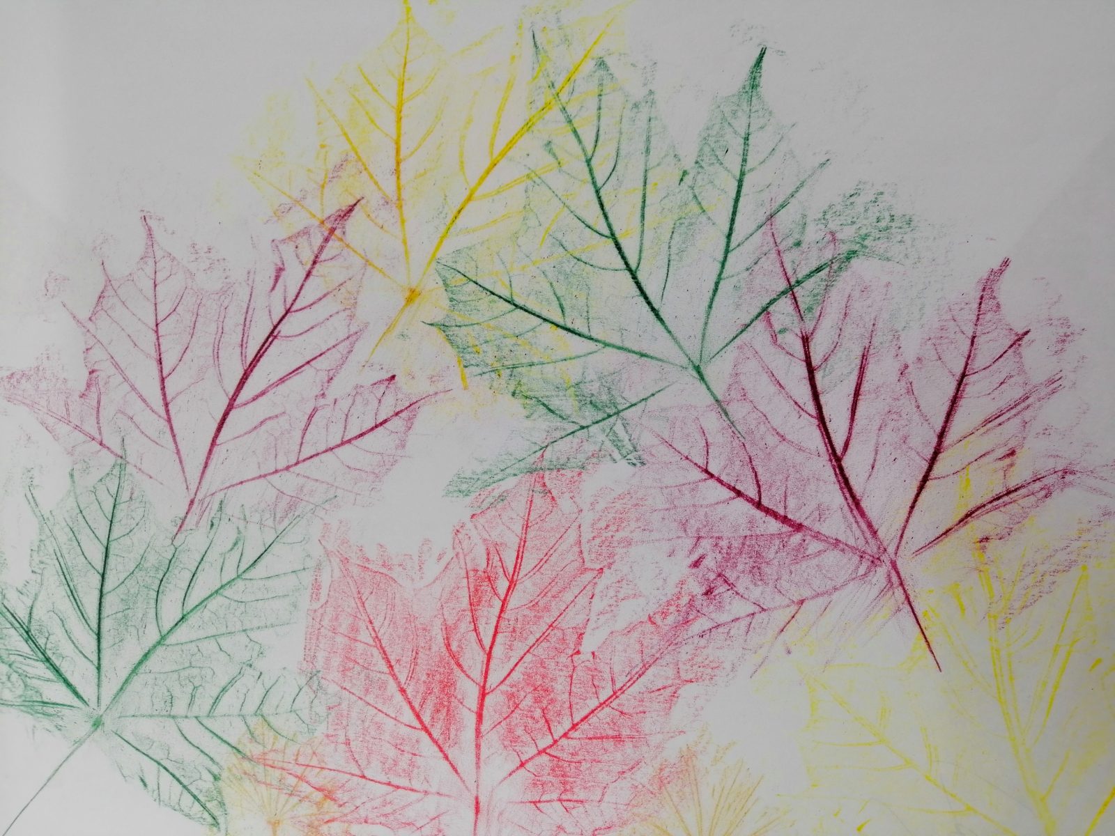 Kompozycja plastyczna struktur jesiennych liści w układzie symetrycznym. Praca wykonana w technice frotażu z użyciem barw ciepłych i zimnych.