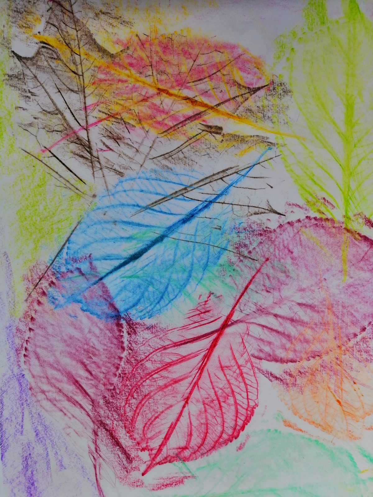 Kompozycja plastyczna struktur kilku jesiennych liści w układzie rytmicznym i diagonalnym. Praca wykonana w technice frotażu z użyciem barw ciepłych i zimnych.