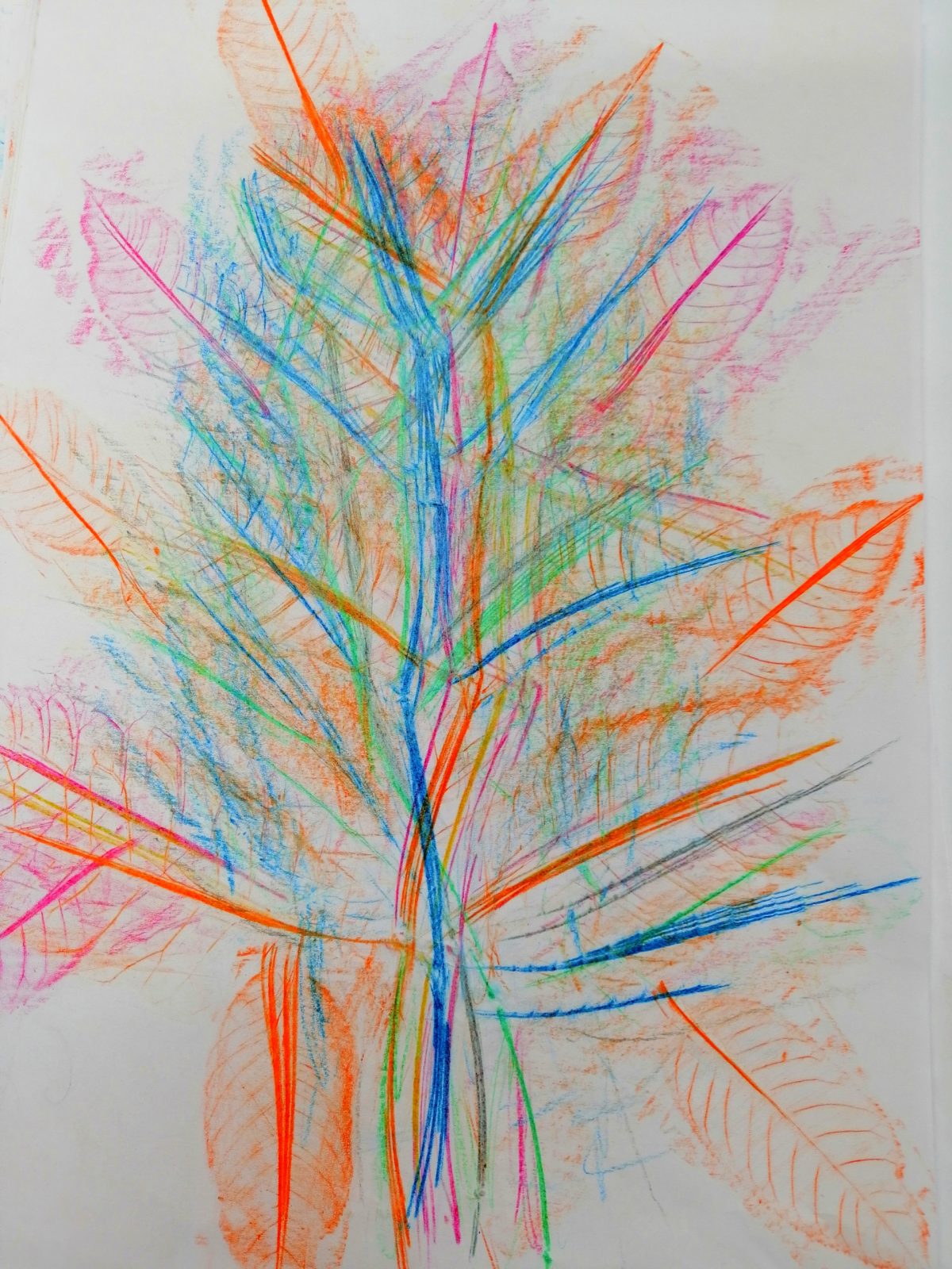 Kompozycja plastyczna struktur jesiennych liści w układzie abstrakcyjnym- centralnym. Praca wykonana w technice frotażu z użyciem barw ciepłych i zimnych.
