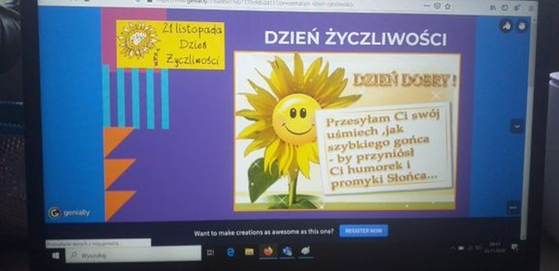 slajd z lekcji online w klasie 2b,  dzień życzliwości, uśmiechnięty słonecznik, powitanie