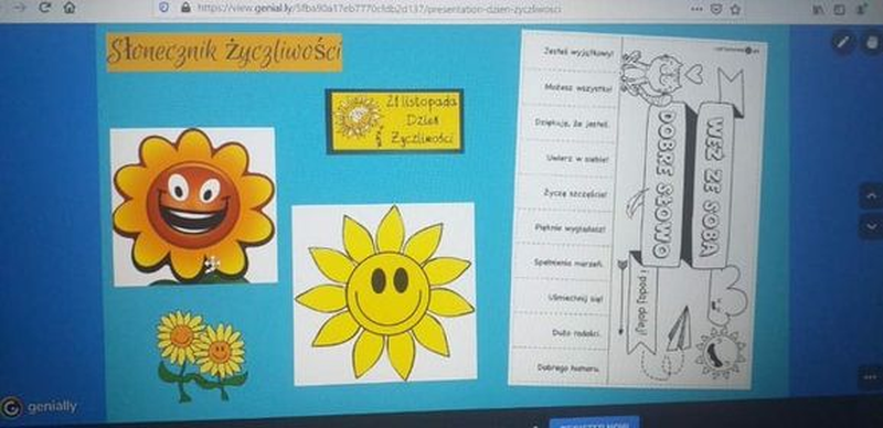 slajd z lekcji online w klasie 2b,  słonecznik życzliwości, jak go wykonać, propozycja życzliwych słów