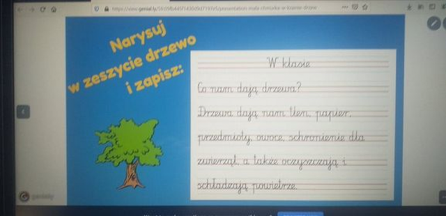 lekcja online w prezentacji Genially – slajd Co nam dają drzewa?, notatka do zeszytu na podstawie wypowiedzi uczniów