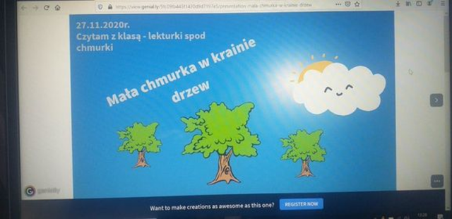 lekcja online w prezentacji Genially – slajd Mała chmurka w krainie drzew, drzewa i rysunek chmurki stanowiły tło do opowiadania czytanego przez nauczyciela