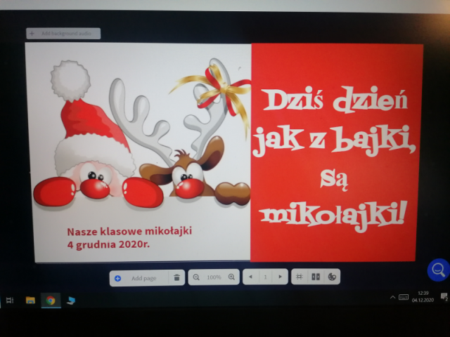 slajd z lekcji mikołajkowej w klasie 2b zrobionej w aplikacji Genially – Dziś dzień jak z bajki, są mikołajki – Św. Mikołaj i renifer