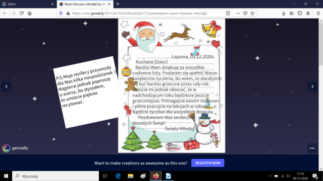 slajd z lekcji mikołajkowej w klasie 2b zrobionej w aplikacji Genially – list Świętego Mikołaja do uczniów klasy 2b