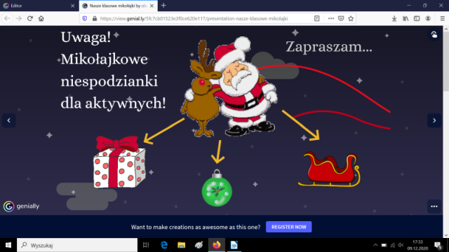slajd z lekcji mikołajkowej w klasie 2b zrobionej w aplikacji Genially – mikołajkowe niespodzianki dla aktywnych – zadania online ukryte pod świątecznymi obrazkami