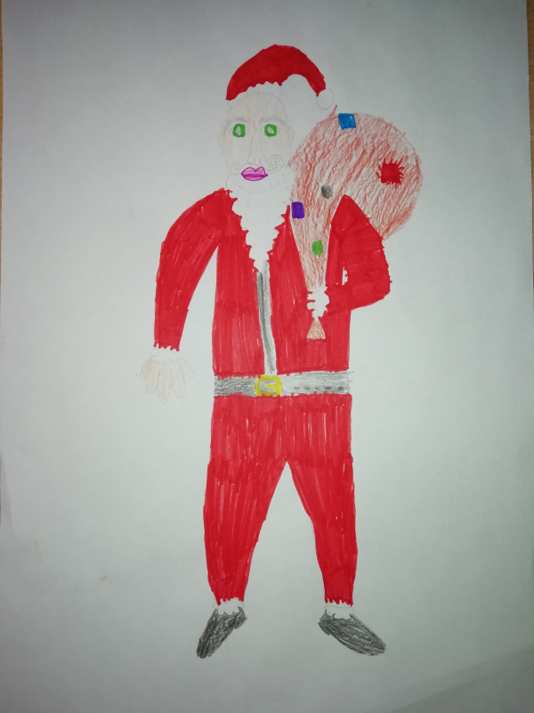 Rysunek przedstawiający Świętego Mikołaja z workiem