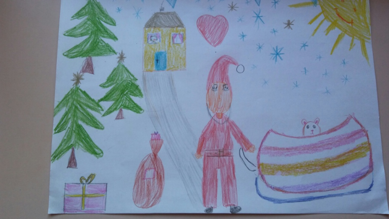 Rysunek ucznia przedstawiający Świętego Mikołaja, sanie, prezenty i choinki