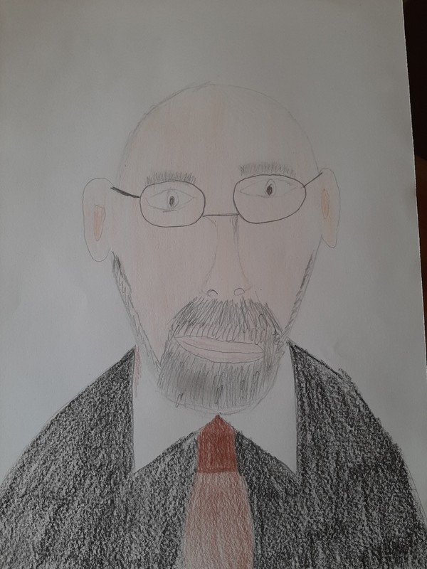 Portret Janusza Korczaka wykonany kredkami