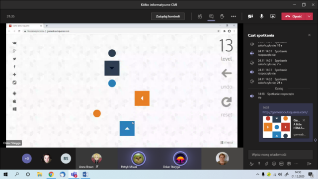 Screen z programu Teams pokazujący postępu uczniów w Game about Squares
