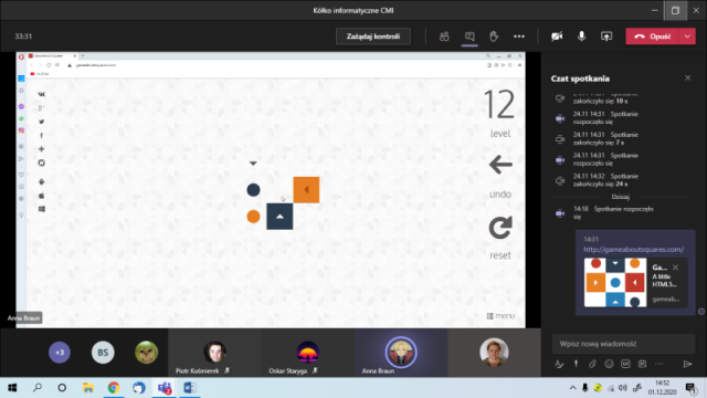 Screen z programu Teams pokazujący postępu uczniów w Game about Squares