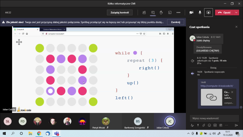 Screen z programu Teams pokazujący efekt pracy uczniów w Toxi Code