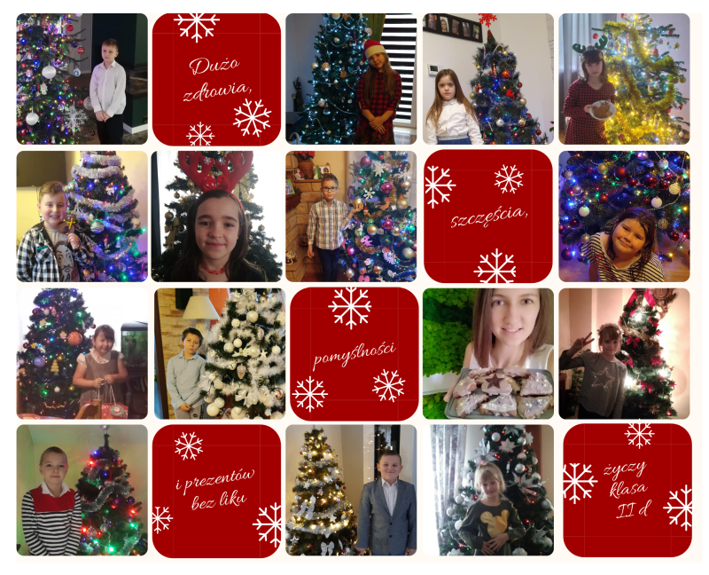 Kartka świąteczna składająca się ze zdjęć dzieci i ich drzewek bożonarodzeniowych