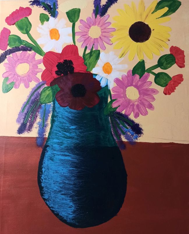 Bukiet kwiatów w niebieskim wazonie. Kompozycja centralna, namalowana farbami na płótnie