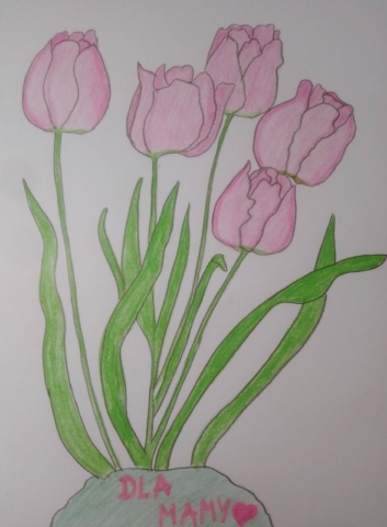 Bukiet różowych tulipanów. Kompozycja centralna, narysowana kredkami na kartonie