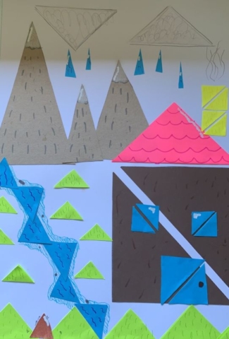 Kompozycja z kolorowych trójkątów na płaszczyźnie – domek w górach