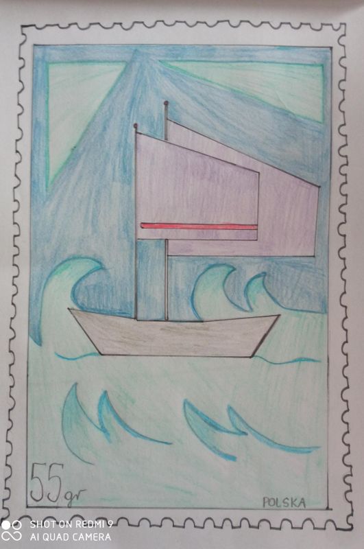 Projekt znaczka – statek na morzu