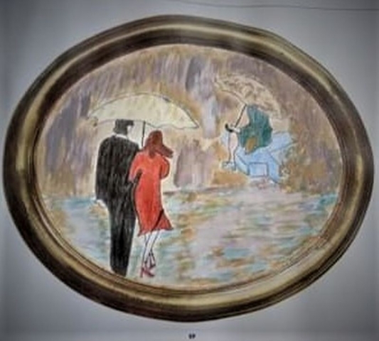 Tondo, realizm w malarstwie, postacie idące tyłem pod parasolem