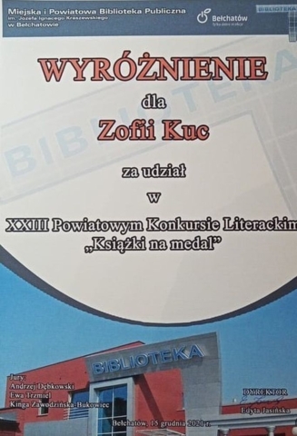 Wyróżnienie dla Zofii Kuc za udział w konkursie literackim