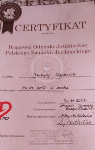 Certyfikat odznaki jeździeckiej