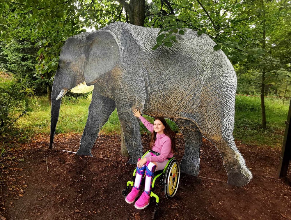 Dziewczynka na wózku przy makiecie słonia
