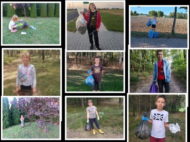 Zdjęcia przedstawiające uczniów z workiem śmieci