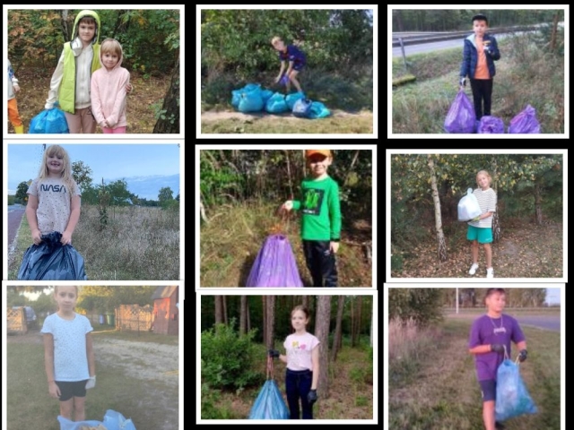 Zdjęcia przedstawiające uczniów z workiem śmieci